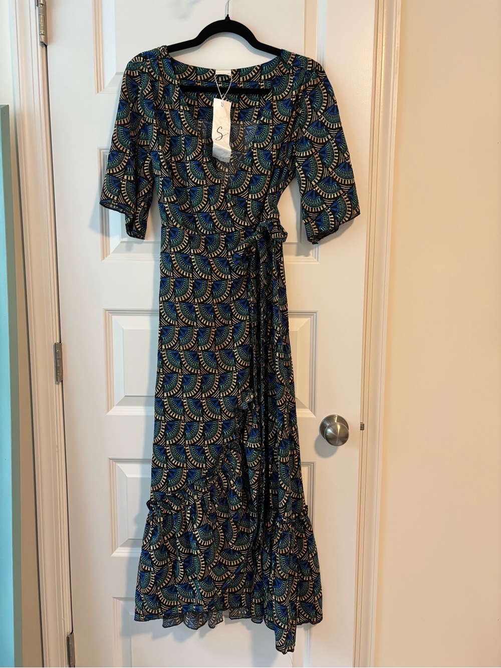 Silk & Salt Blue Geometric Patterned Wrap Maxi Dress M